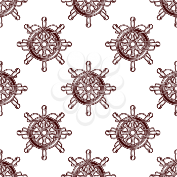 Seamless pattern of an old-fashioned ships wheel with radial spokes in a brown and white repeat motif in square format