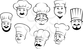 Set of black and white doodle sketch outline smiling chefs or cooks heads wearing their traditional toques