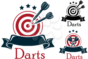 Darts emblem with crossed a dart board and darts over a blank ribbon banner with stars above in three color variants with text - Darts, one different design with crossed darts