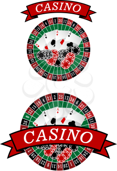 Casino roulette symbol with gambling chips and cards for lucky cocnept design