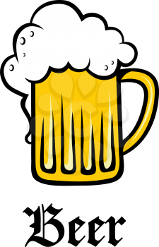 Glass pint tankard of refreshing golden frothy beer or lager overflowing down the sides above the text - Beer -  on white