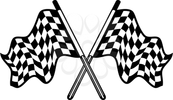 Crossed pair of black and white motor sport checkered flags waving in the breeze, isolated on white