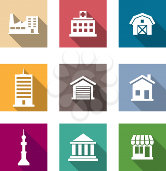 Flat buildings icons set on colourful square web buttons depicting industry, hospital, barn, skyscraper, garage, house, communications tower, bank or university and shop