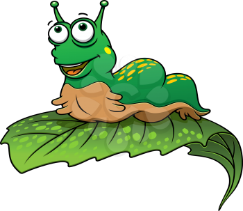 Green cartoon caterpillar insect with smile on tree leaf
