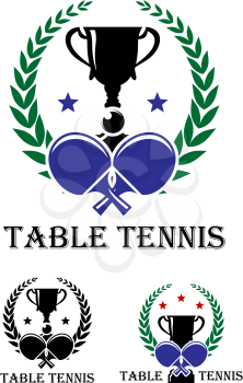 Table Tennis emblem for a championship with crossed bats and a trophy enclosed in a foliate laurel wreath
