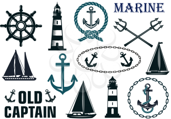 Marine heraldic elements set with anchors, lighthouse, yachts, sailboats, ropes and steering wheel