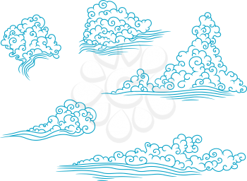 Blue and fluffy clouds set in white sky suitable for children's decoration, tiles, textile and weather design