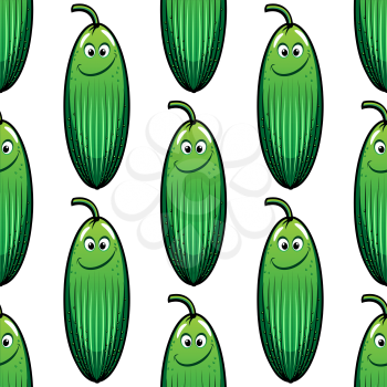 Cute little smiling green cartoon cucumber in a seamless pattern in square format suitable for wallpaper design
