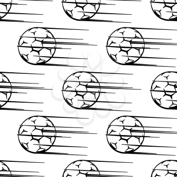 Seamless black and white pattern of soccer balls or footballs with motion trail flying through the air in square format for sporting design