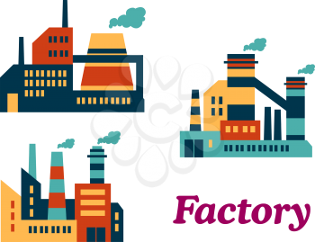 Assorted flat factories icons design in industrial estate with a word Factory at the bottom suitable for industrial and technology design
