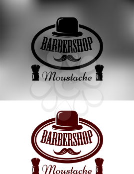 Classy Barber Shop icon, emblem or label with an oval frame with a vintage bowler hat and moustache and the words Barber Shop with Moustache below with shaving brushes