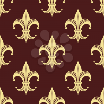 Seamless floral fleur-de-lis royal yellow and gold lily pattern, isolated  on dark red  colored background. For wallpaper, tiles and fabric design