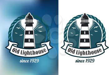 Marine emblem with lighthouse, rope and banner with text, for transport heraldry or logo design