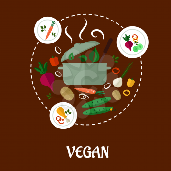 Vegetable flat icons food set of carrot, plate, hot pan, beet, pepper, cucumber, onion, chicken leg, potato, steam and green leaf for vegan infographic design