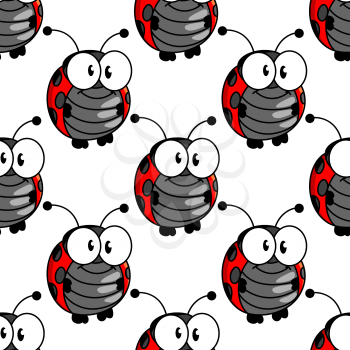 Ladybug seamless background pattern with a cute little red and black spotted ladybird standing upright with big googly eyes, cartoon illustration in square format