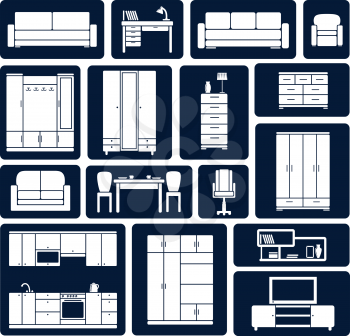 Furniture silhouette flat icons showing various sofas, chairs, desk, cupboards, wardrobes, cabinets and a television for interior design