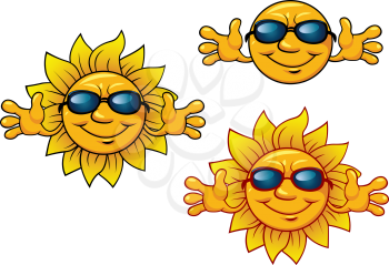 Cartoon smiling cute sun characters with sunglasses isolated on white background for travel, weather and leisure design
