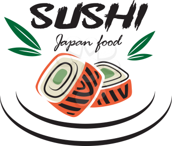 Red and green colored Japanese sushi seafood emblem with bamboo leaves suitable for restaurant and food logo design