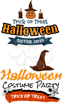 Halloween holiday party banners with pumpkins, witch hat, candle, spider and trick or treat signs. For Halloween design