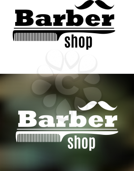 Retro barber shop emblem with comb and mustaches on dark background