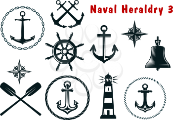 Set of naval heraldry icons with assorted marine anchors, crossed oars, ship wheel, compass, lighthouse and bell