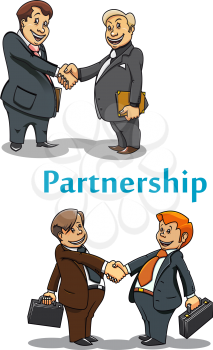 Businessmanl partnership and handshake symbol with cartoon adult and young businessman partners shaking hands
