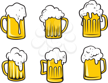Glass pint tankards set of golden frothy beer isolated over white background. Suitable for Oktoberfest, bar and restaurant design