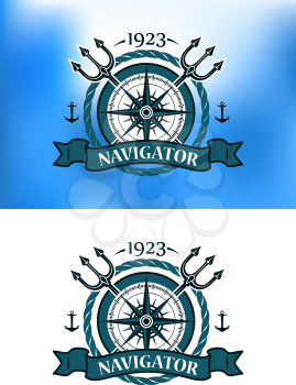 Marine heraldic label with anchors, compass, trident and ropes for nautical design