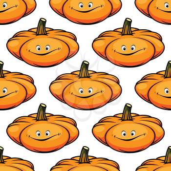 Cartoon smiling orange pumpkin with a green stalk seamless background pattern for Halloween or agriculture design