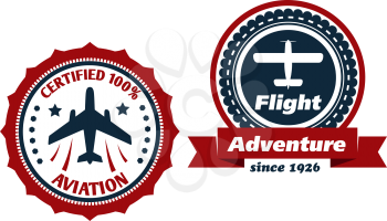 Aviation and flight symbols with airplane, stars, banner and text in retro and modern variants. Isolated over white background