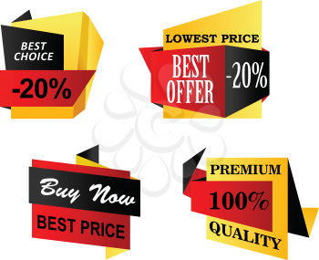 Set of origami business labels depicting lowest price, premium quality, best offer, buy now and a best choice in yellow, black and red isolated over white background
