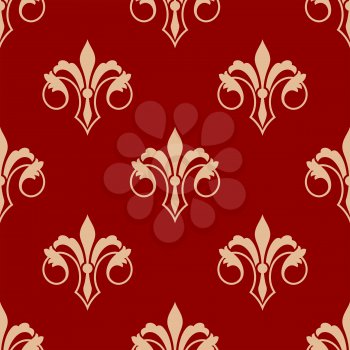 Seamless floral elegant fleur-de-lis royal gold lily pattern in antique style motif, yellow flowers over red background. Suitable for wallpaper, tiles and fabric design