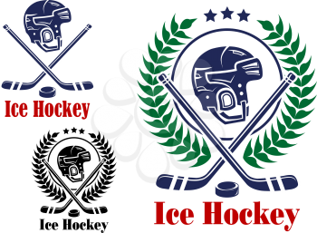 Ice hockey symbol with helmet, laurel wreath, hockey puck and stick, suitable for sporting design 
