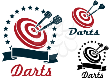 Darts sporting symbols, emblems and icons set with darts, dartboard, ribbon and laurel wreath for sport and leisure design 
