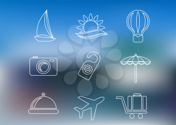Outline style travel icons set with yacht, beach, balloon, camera, tag, umbrella, dish, airplane and luggage on blurred background for journey and tourism design