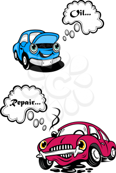Cartoon car funny character in two variants with comics speech bubble and texts - oil and repair –  isolated on white background