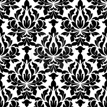 Black colored  decorative foliate and floral arabesque seamless pattern in damask style motifs suitable for wallpaper, tiles and fabric design isolated on white background