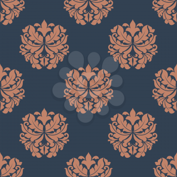 Brown colored  decorative foliate and floral arabesque seamless pattern in damask style motifs suitable for wallpaper, tiles and fabric design isolated on indigo colored background in square format