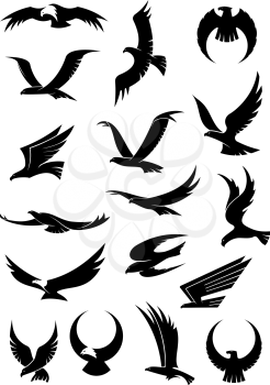 Flying eagle, falcon and hawk vector logo icons showing different wing positions in black silhouette, some with white heads for heraldic or tattoo design