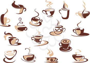 Coffee cup icons in shades of brown with doodle sketches of steaming cups of coffee, cappuccino and espresso