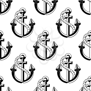 Seamless background pattern of black and white vector ships anchors with coiling ropes in square format for marine or nautical themed wallpaper, wrapping paper or fabric