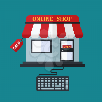 Online or e-commerce shop sale concept with a cute little store with red and white awning attached to a computer keyboard and a label saying Sale