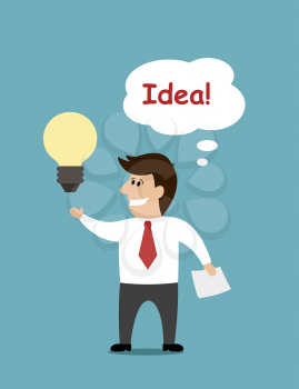 Smiling cartoon businessman with a light bulb and a thought bubble with the word Idea conceptual of innovation and inspiration, vector illustration