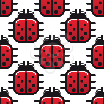 Stylized red and black spotted ladybird or ladybug seamless pattern with square bodies viewed from above in a repeat vector motif in square format