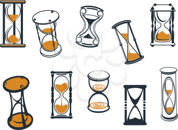 Set of different cartoon  hourglasses or egg timers with sand running through measuring passing time, vector illustration on white