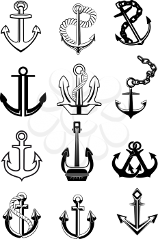 Large set of marine ship anchors black and white icons in a variety of shapes, some with chains, others ropes and one double pair, vector illustration on white