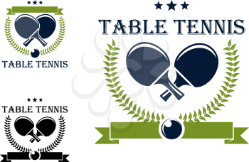 Table tennis or ping pong symbols with rackets, stars, laurel wreath and ball isolated on white for sports logo design