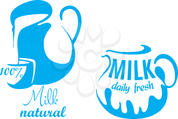 Natural fresh milk emblem with jug, milk and text for healthy food and dairy products design