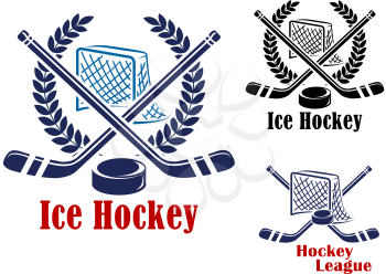 Ice hockey symbol with hockey net, laurel wreath, puck and sticks suitable for sporting emblem design