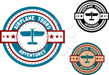 Retro aviation tours travel icon or emblem with old airplane and symbols for tourism or transportation design